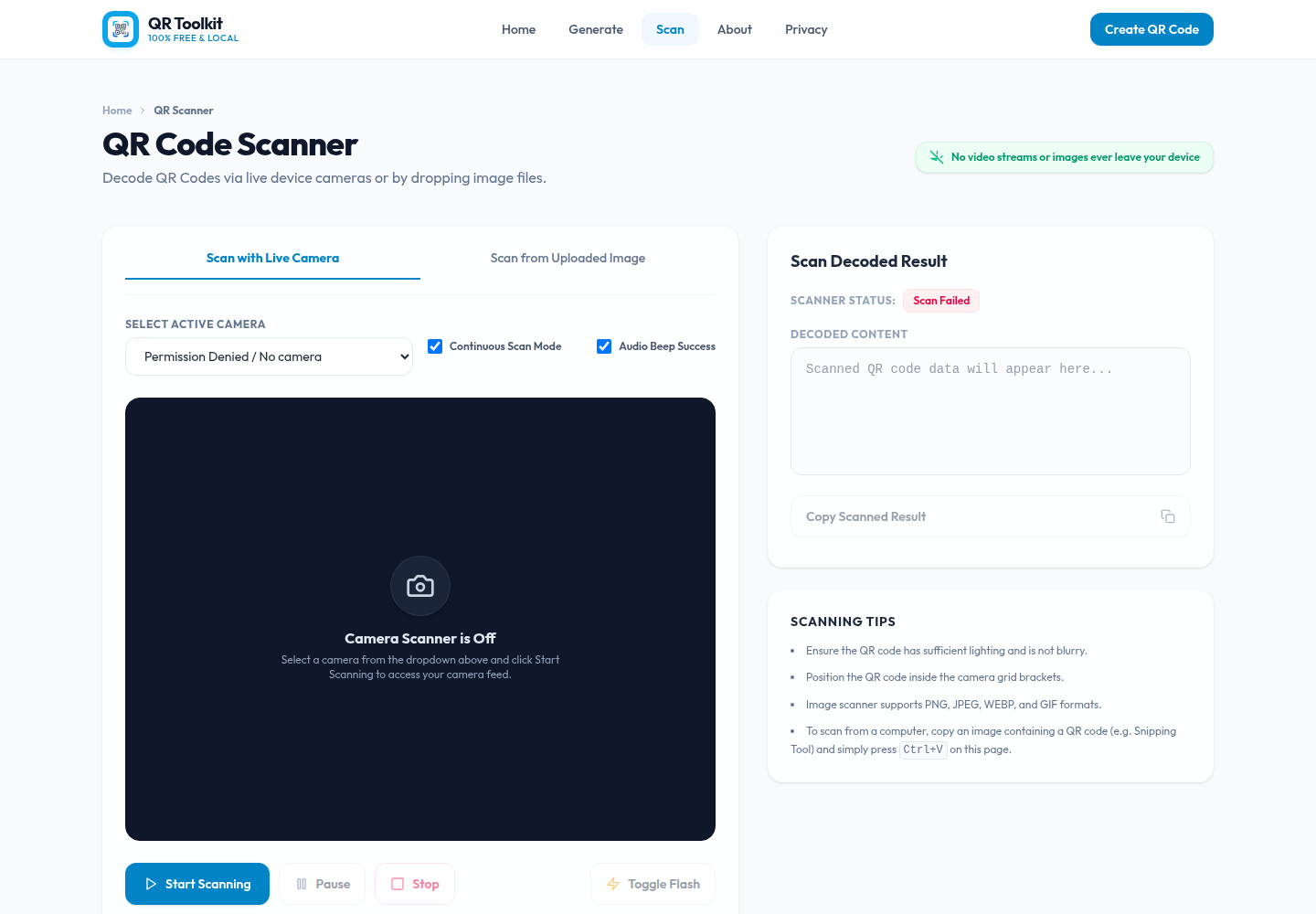 QR Toolkit scanner preview